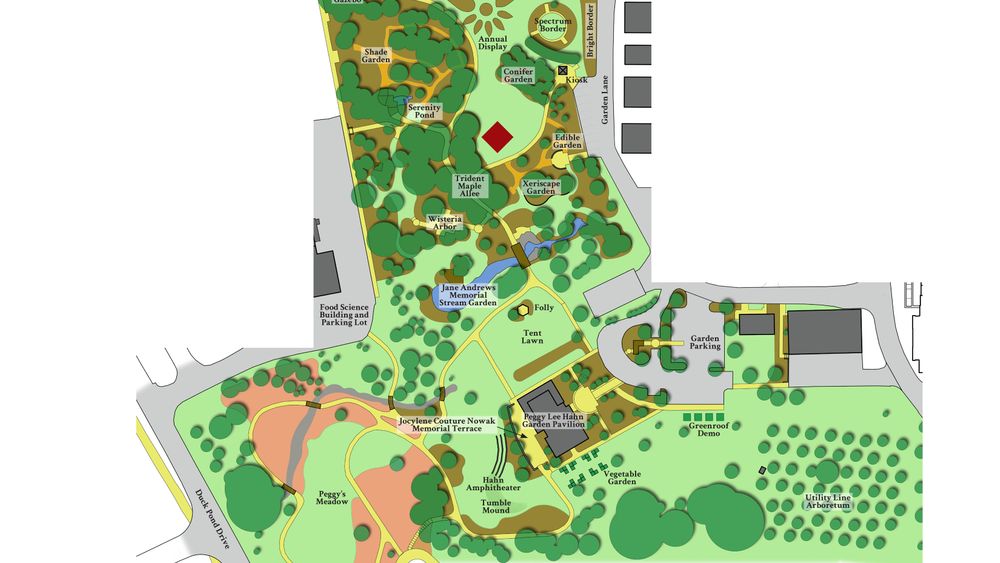 Map of the Hahn Horticulture Garden, the Red diamond marks the location where most large wedding ceremonies happen. Tents for receptions are usually set up on the tent lawn, which is just above the Peggy Lee Hahn Garden Pavilion. Click to Enlarge Map of the Hahn Horticulture Garden, the Red diamond marks the location where most large wedding ceremonies happen. Tents for receptions are usually set up on the tent lawn, which is just above the Peggy Lee Hahn Garden Pavilion.